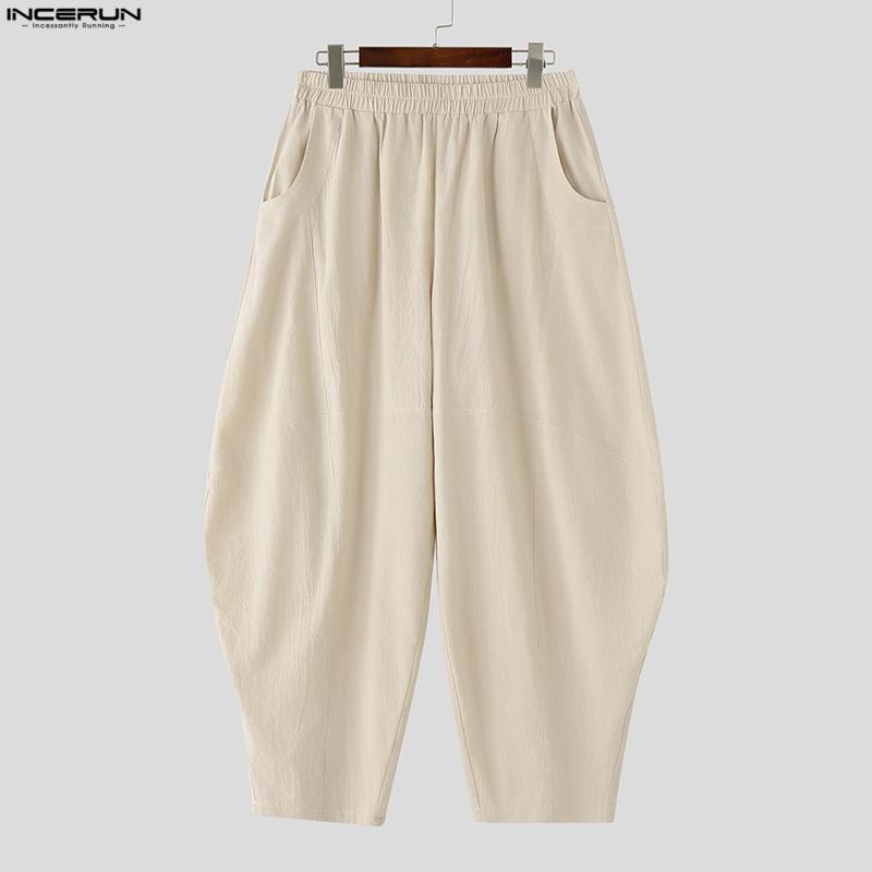 INCERUN Men Elastic Waist Cotton Linen Casual Solid Color Drop-crotch Pants Lantern Trousers