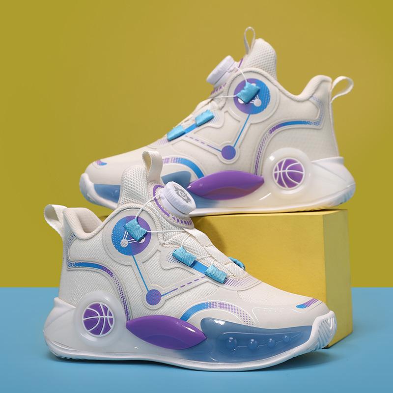 2025 new lace-free classmates Boys mesh breathable basketball shoes Middle and older children non-slip rotating buckle running shoes