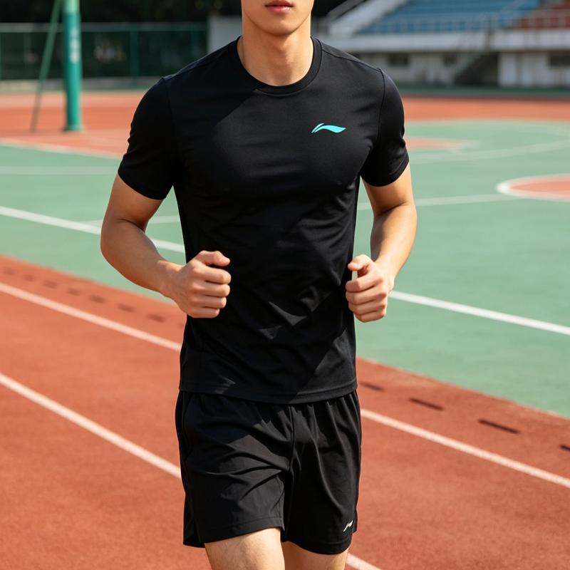 Li-Ning Summer Mens Solid Color Pullover Round Neck Short Sleeve Comfortable Breathable Skin-Friendly Versatile Casual Sports Suit AHST347-1+YATV113-1