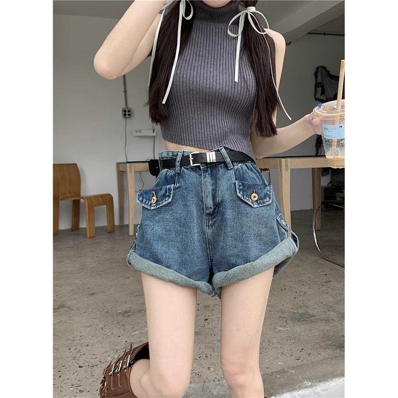 Women s Retro High-Waisted Rolled-Up Denim Shorts - Wide-Leg, Loose Fit, A-Line Style for Summer. Small синий