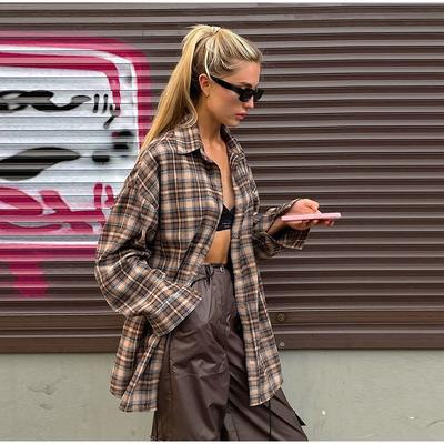 Camicia a quadri da donna, collo alto, camicetta ampia, manica lunga, monopetto, casual, semplice, basic, stile Harajuku, primavera autunno