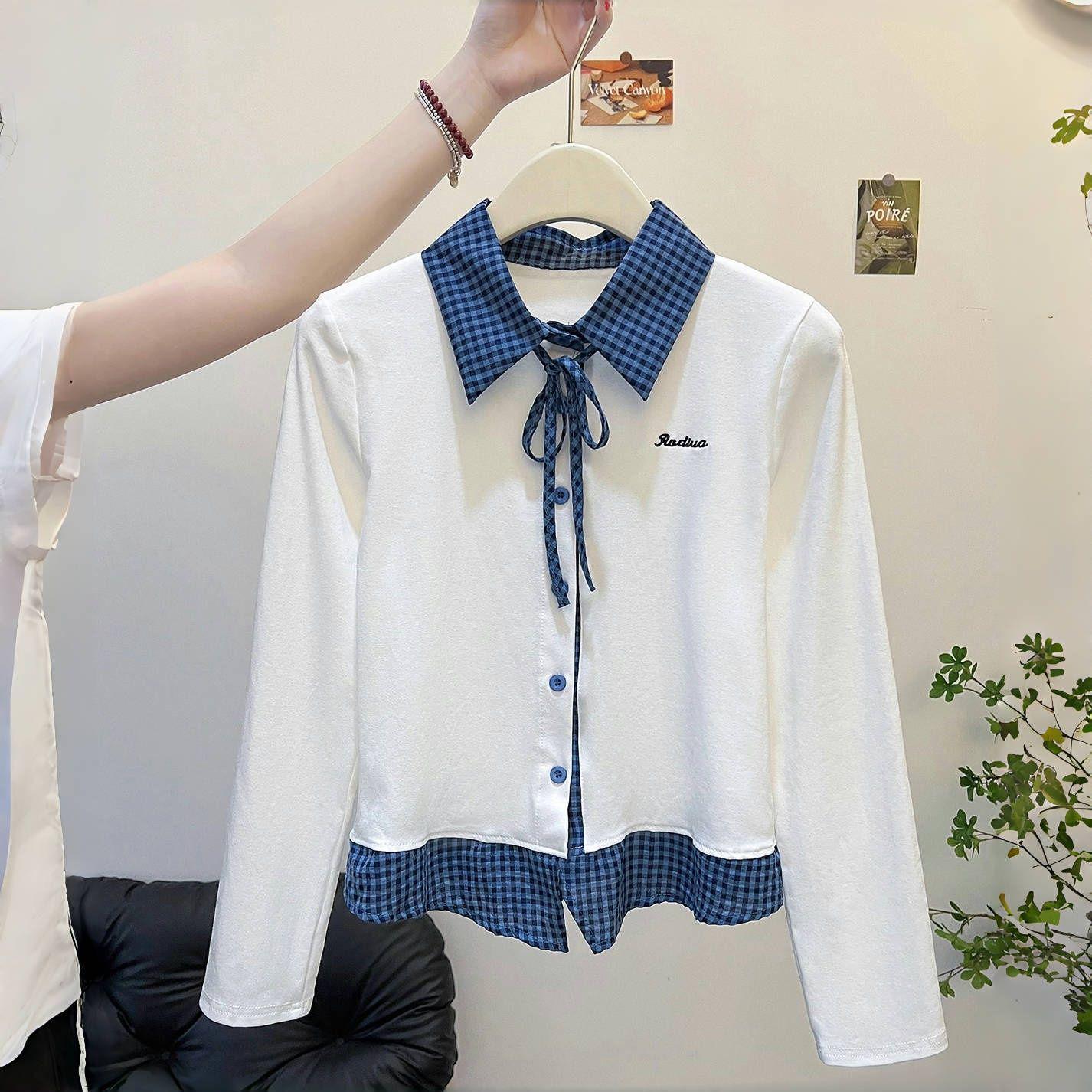 Женская клетчатая футболка с пэчворком, длинный рукав, корейский стиль - Весна/Осень 2025, Стройный шик, студенческий образ Medium белый