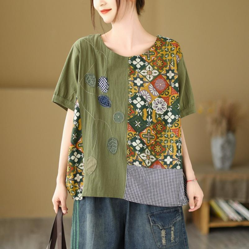 Retro Literary and Artistic Printed Leaf Shirt Stitching Embroidery Short-sleeved T-shirt Loose Casual Large Size Top