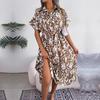 Women Loose Leopard Print Summer Shirt Dress Single Breasted Lace Up