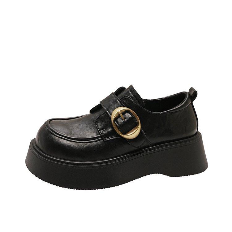 British Style Small Leather Shoes Women's Spring 2025 New Muffin Thick-soled Round Head Versatile Velcro Black Loafers