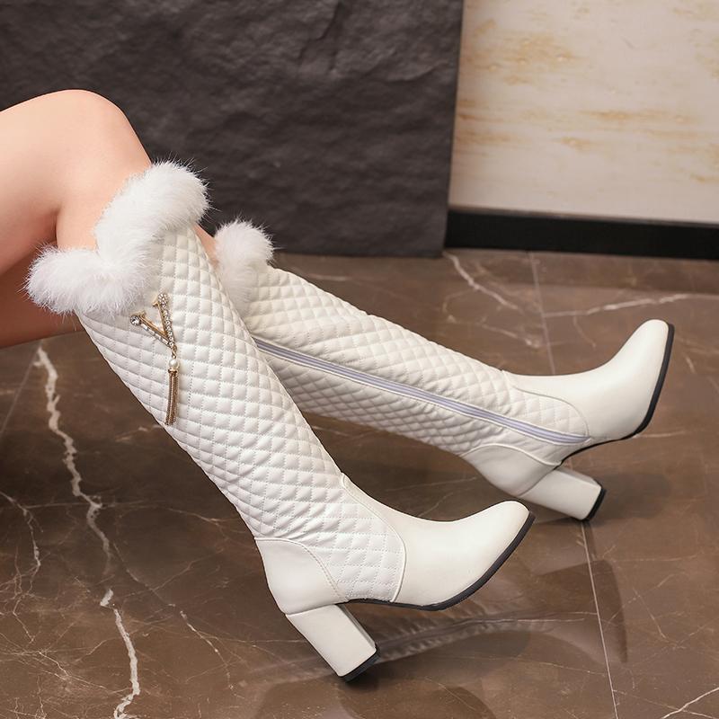 Women's High-heeled Boots Autumn and Winter Xiaoxiangfeng Thick-heeled Large-size Rabbit Fur Medium Boots