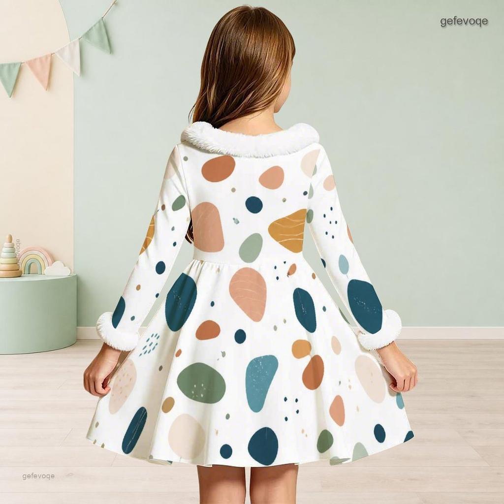 Girls Furry Trim Neck Cuffs Long Sleeve Waist Bow Printed A Line Flared Dress