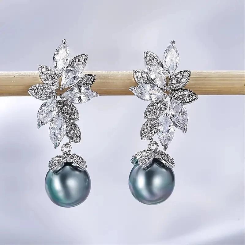 Luxury Multi Colored Imitation Pearl Dangle Earrings Leaf Design Aesthetic Earrings for Women Dazzling CZ Trendy Jewelry