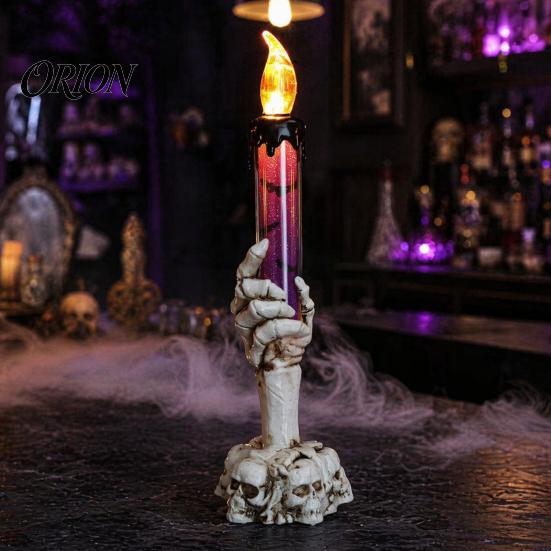 Retro Skeleton Base Ornaments Halloween LED Ghost Candle Light, Spooky Hand Lamp Animated Quicksand Lights Tabletop Decor, Horror Light for