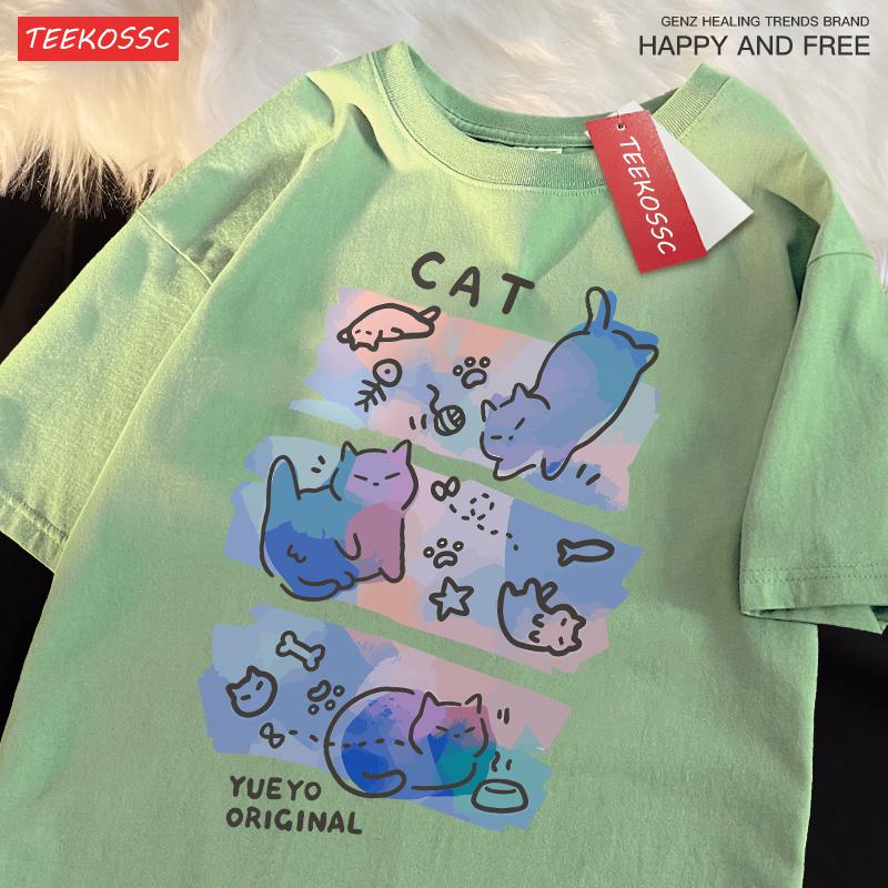 Buntes Drei Katzen Trendiges Lockeres und Atmungsaktives Reine Baumwolle Sommer Kurzarm T-Shirt Männer Frauen Verträumter Spaß Katze Niedliche Kleidung
