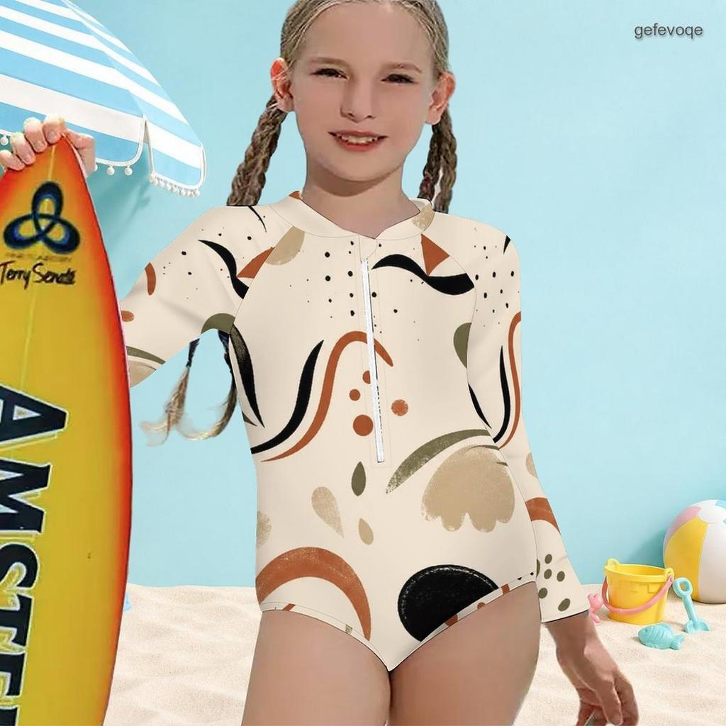 Girls Cream White High Neck Long Sleeve Front Zip Floral Printed One Piece Swimsuit