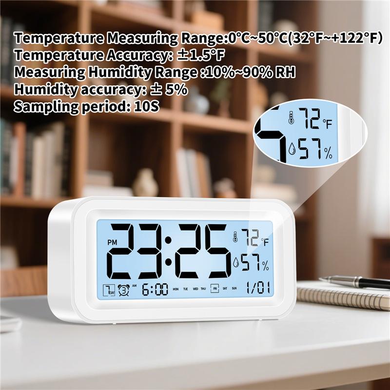 Digital LED Clock with Temp Humidity Sensor Adjustable Brightness Dual Alarm Mode for Home Office2