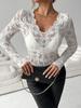 Women's V-neck Lace T-shirt Scalloped Collar Single-layer Solid Color Long-sleeved Slim Versatile Fashion Top