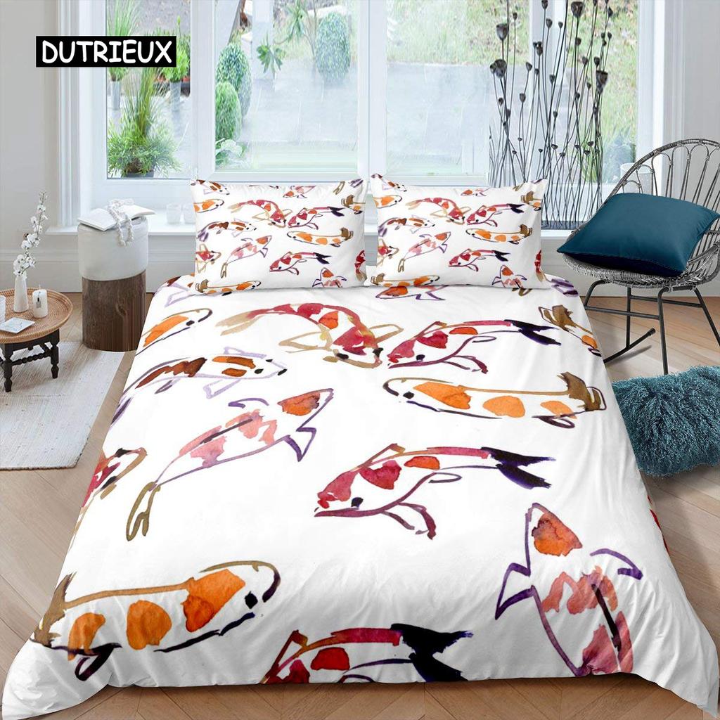 Koi Fish Duvet Cover Set King Size Oriental Asian Culture Lotus Bedding Set Microfiber Twin Cloud Quilt Cover for Girl Farmhouse
