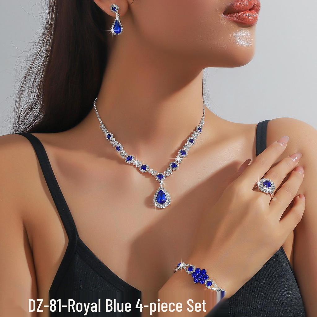 European & American Multi-Color Rhinestone Jewelry Set: Green, Blue & Red Necklace, Earrings, Bracelet & Ring