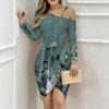Women Plus Size Asymmetric Cold Shoulder Teal Black Abstract Floral City Print Wrap Bodycon Midi Dress