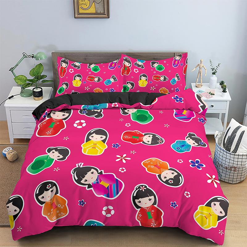 Japanese Doll Printed King Queen Duvet Cover Cartoon Lucky Cat Bedding Set For Kids Girls Fan White 2/3PCS Polyester Quilt Cover
