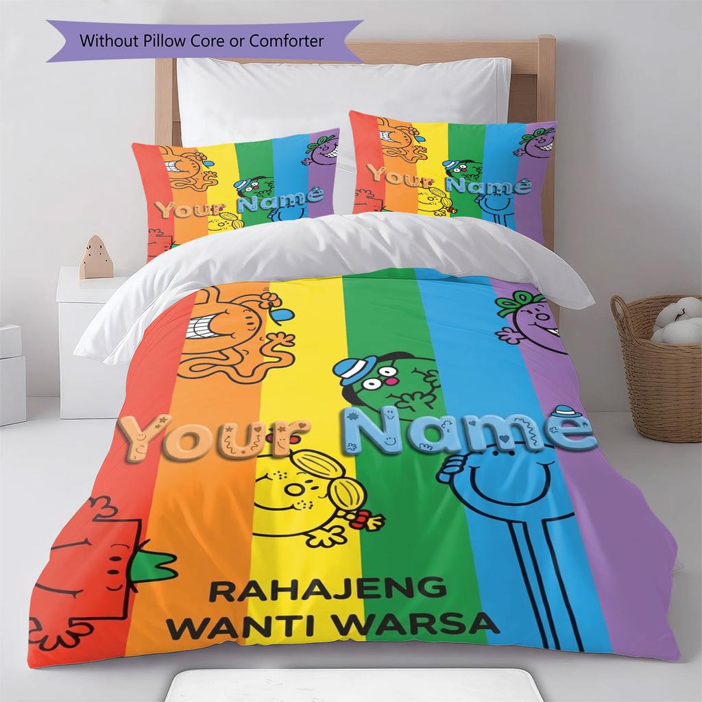 Mr. Men Little Miss Custom Name Pattern Bedding,Quilt Set Quilt Cover Pillowcase Home Birthday Gift(1 * duvet cover + 2 * pillowcase, without core)