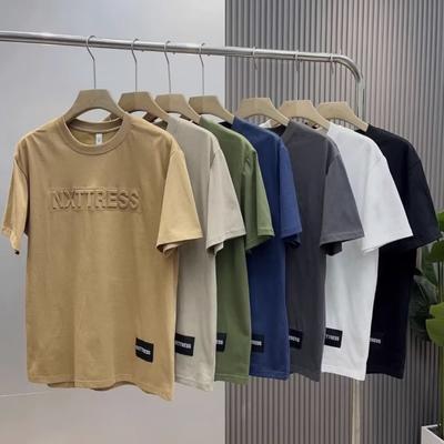 European 3D Pure Cotton Three-Dimensional Letter Short-Sleeved Textured T-Shirt Men'S Top Handsome Loose Bottoming Shirt Steel Stamp Trend Half
