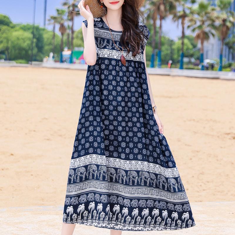Casual Beach Dresses for Woman Plus Size Loose Vintage Print Long Sleeveless Dress Summer Women's Clothing