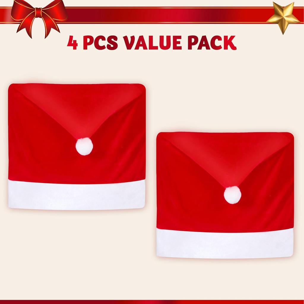 JOYFY 4 Pcs Christmas Chair Cover Red Santa Hat Chair Slipcovers for Christmas Holiday Festival Decoration Ornaments Set
