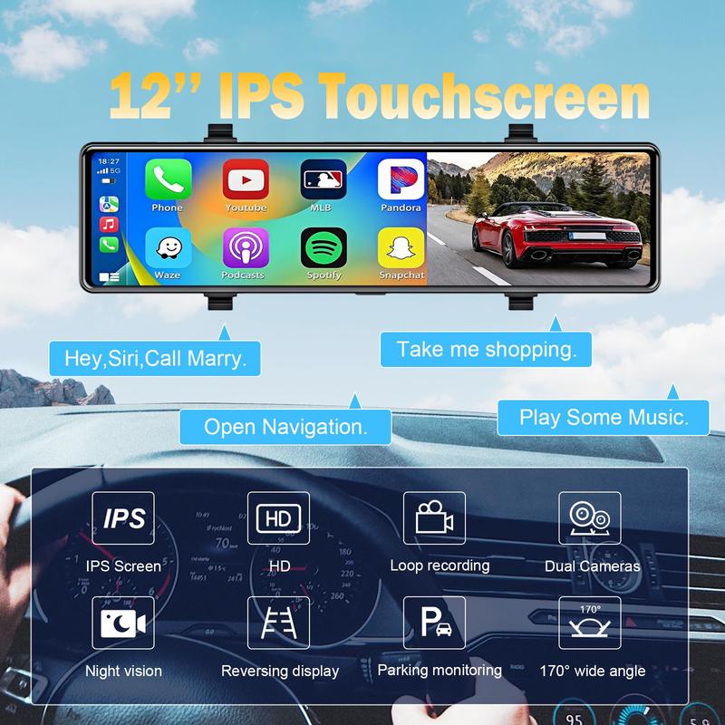 Aprilboy 12'' 4K Carplay&Android Auto Car DVR Dash Cam View Mirror Camera for Video Recorder Rearview Dash Cam 1080P Rear Camera