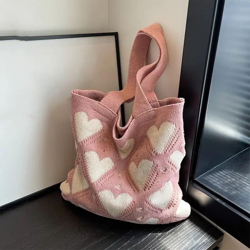 2026 New Ins Style Knitted Tote Bag with Heart Pattern Large Capacity Shoulder Bag for Women Daily Use and Shopping