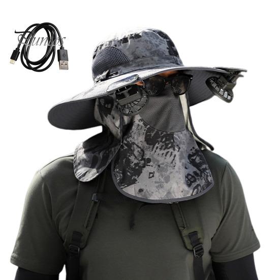 

Кепка-веер с солнечной батареей и клапаном на шее, защита от ультрафиолета UPF 50+, с 2 солнечными вентиляторами, дышащая, мужская, летняя, для активного отдыха на природе, для рыбалки, с широкими полями темно-серого