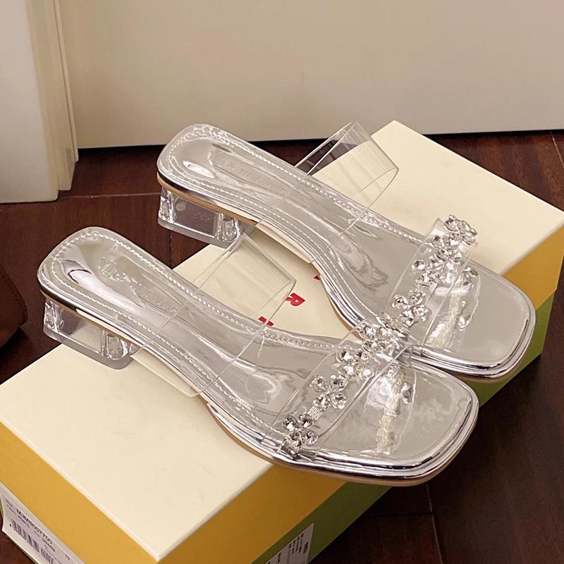 Fashion Transparent Pvc Square Heel Sandals for Women Rhinestone Flowers Thick Heeled Sandals Mujer Silver Square Toe Party Shoes Woman 35 3349₽