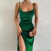 Women's Spring Summer Sexy Velvet Spaghetti Strap Maxi Dress, Slim Fit High Slit Cowl Neck Evening Party Formal Cocktail Gown