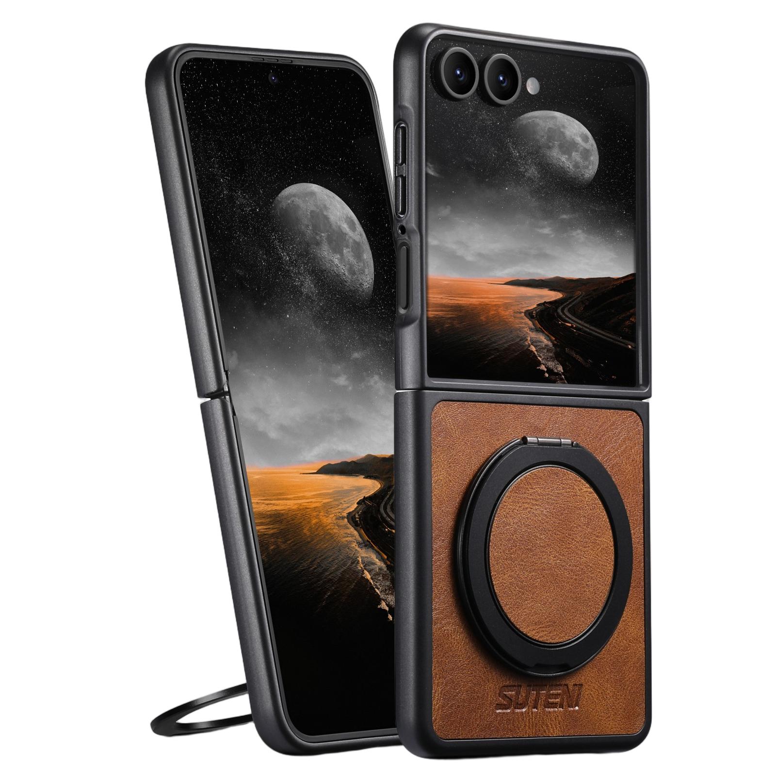 

SUTENI G3 For Samsung Galaxy Z Flip7 5G Case Compatible with MagSafe Waxy Texture Rotating Kickstand Leather Phone Back Cover Brown