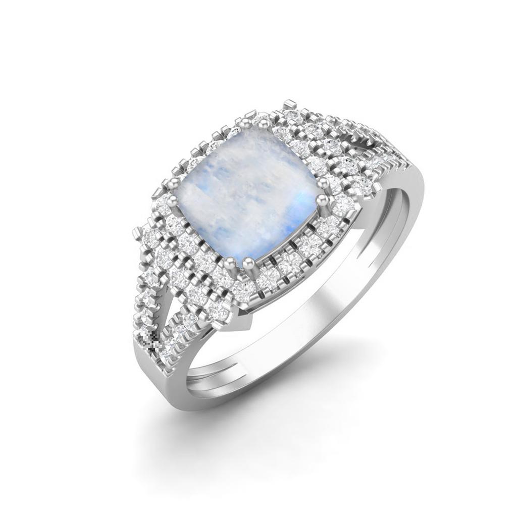 6MM Cushion Natural Moonstone 925 Sterling Silver Solitaire with Accent Women Ring