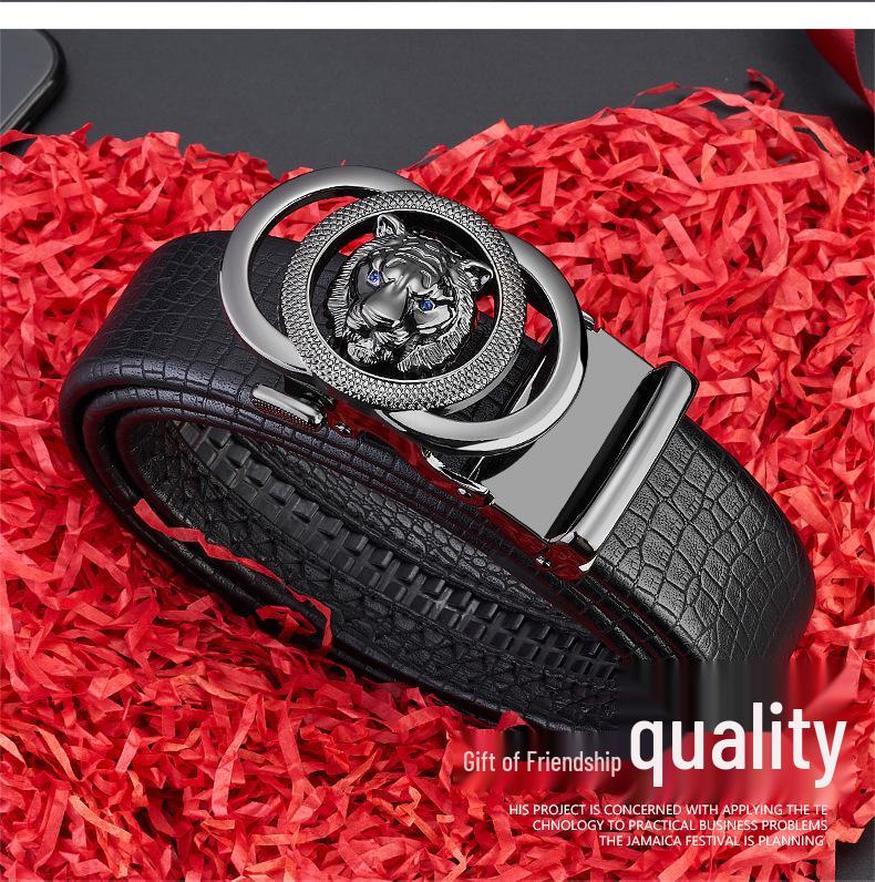 Men's Genuine Leather Belt with Lion Head Automatic Alloy Buckle