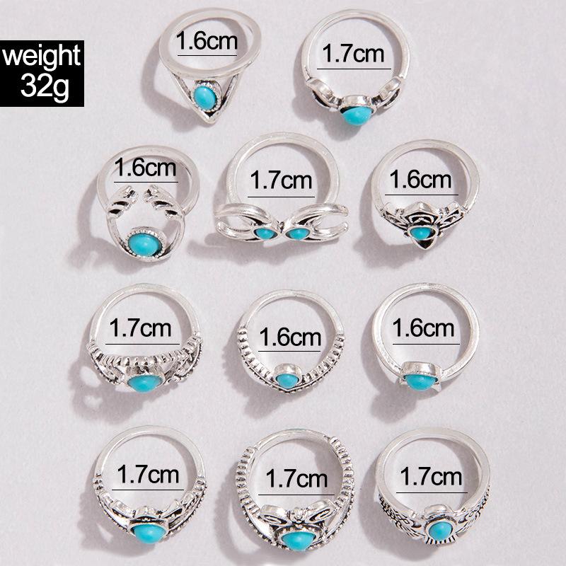 Ethnic style vintage turquoise carved feather ring fashion personality 8-piece combination ring set