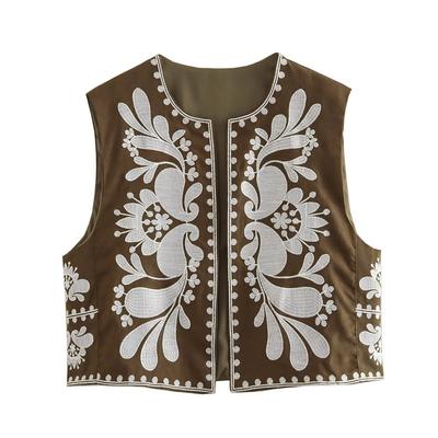 Sieviete ar apgrieztu ziedu izšuvumu veste Vintage V kakla izgriezums bez piedurknēm jaciņa veste krekls šiks vasaras sieviešu apģērbs