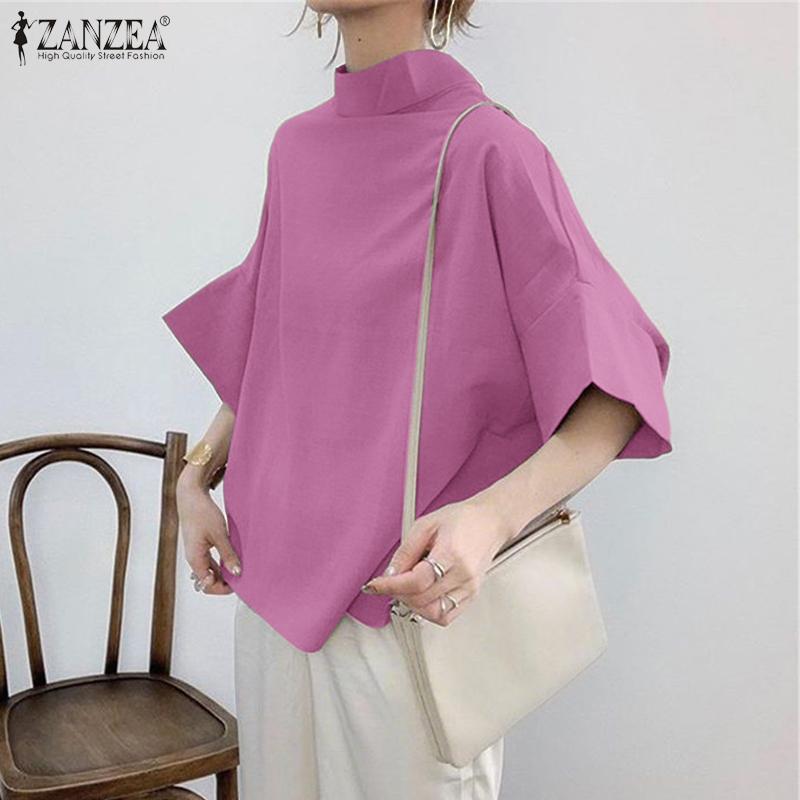 ZANZEA Womens Casual Stand Collar Loose Summer Half Sleeve Blouse