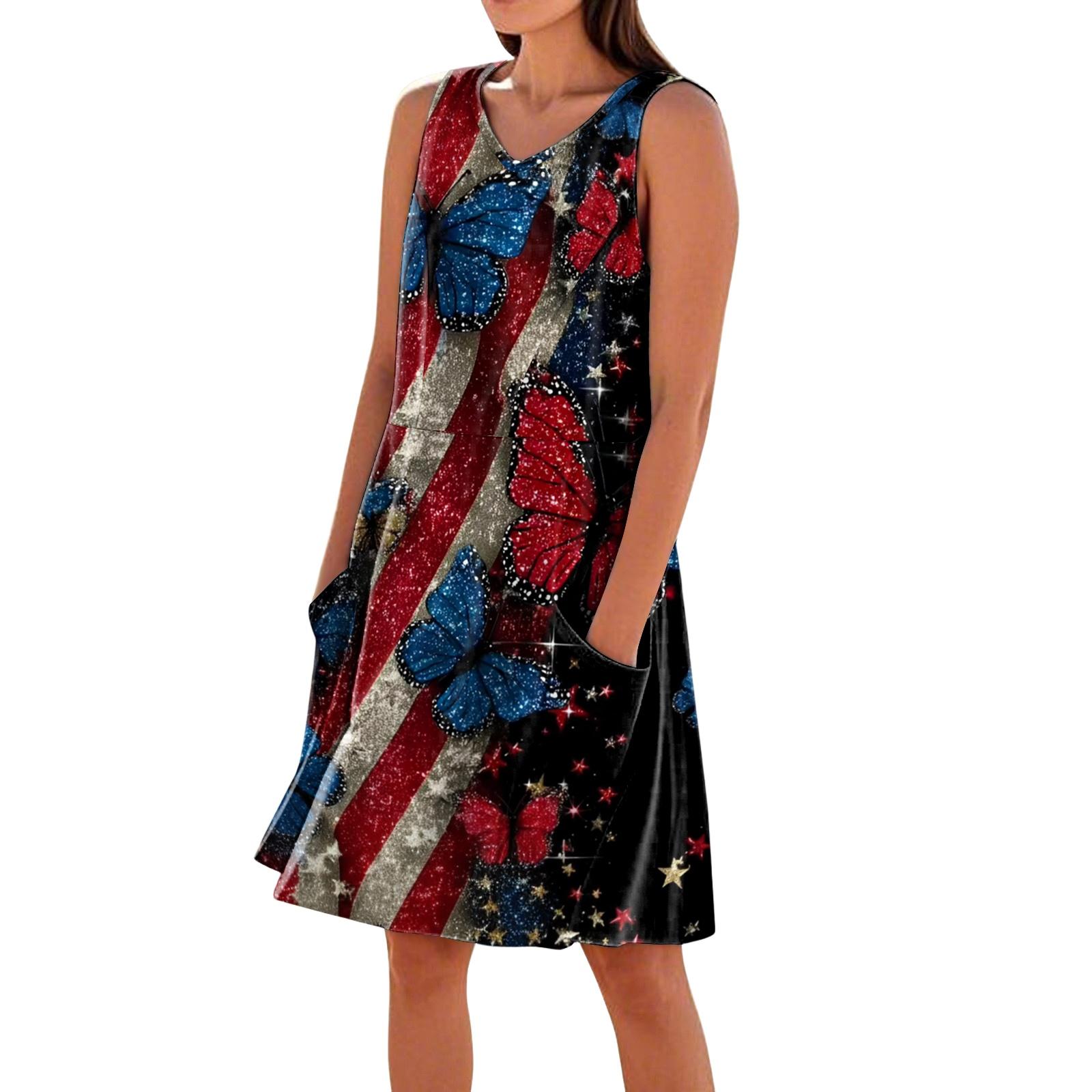 

Women s Casual Printed Sleeveless V-Neck Pocket Dress M чорний