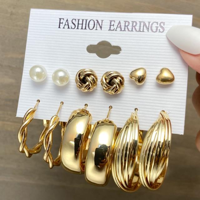 17KM Trendy Metal Pearl Stud Earrings Set for Women Vintage Gold Color Round Square Earrings Set of Earrings Gifts Jewelry