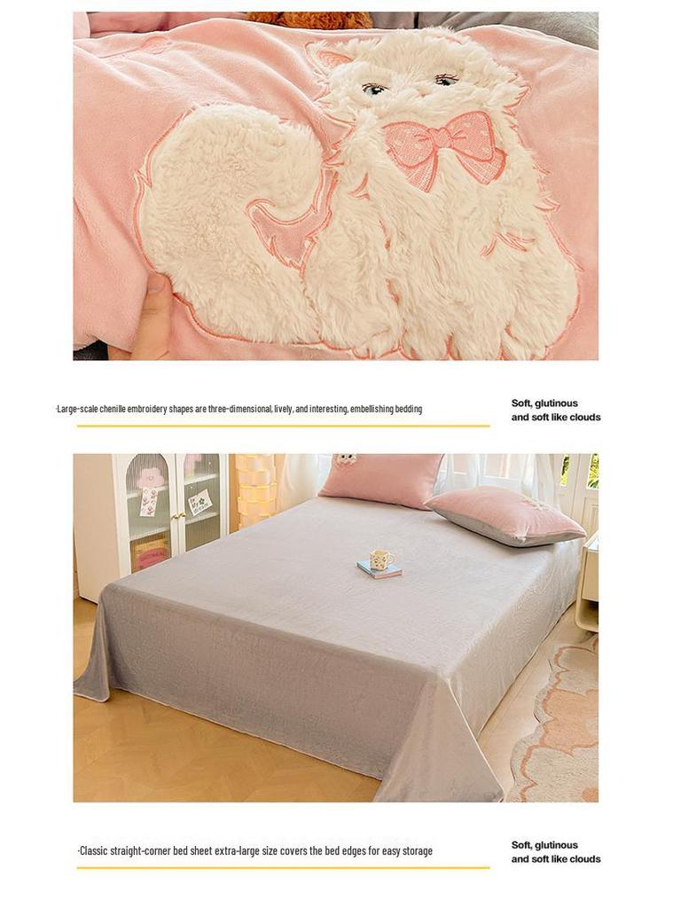 2025 Winter Milk Velvet 4-Piece Set: Thick Warm Double-Sided Fleece Bed Sheet, Fitted Sheet & Duvet Cover.