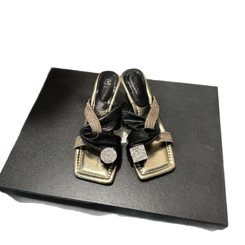 Fashion Hot Selling French Elegant Summer 2025 Women's High Heels Sandals Wear Diamond Studded Slip-On Shoes Rubber Sole Comfortable