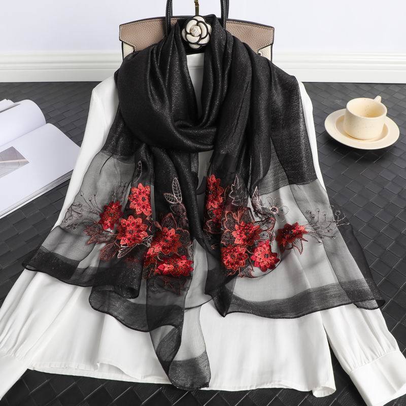 Beach Stoles Headscarf Women Scarf Silk Wool Embroidery Floral Female Thin  New Foulard Bufanda Hijab Shawls Wraps Pashmina