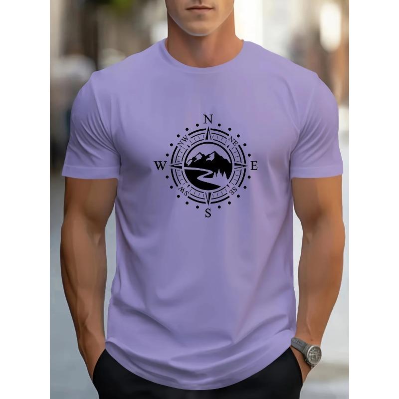 Summer Men's 100% Cotton Casual Loose Large Compass Pattern Printed Sports Comfortable Round Neck Short Sleeve T-shirt Top