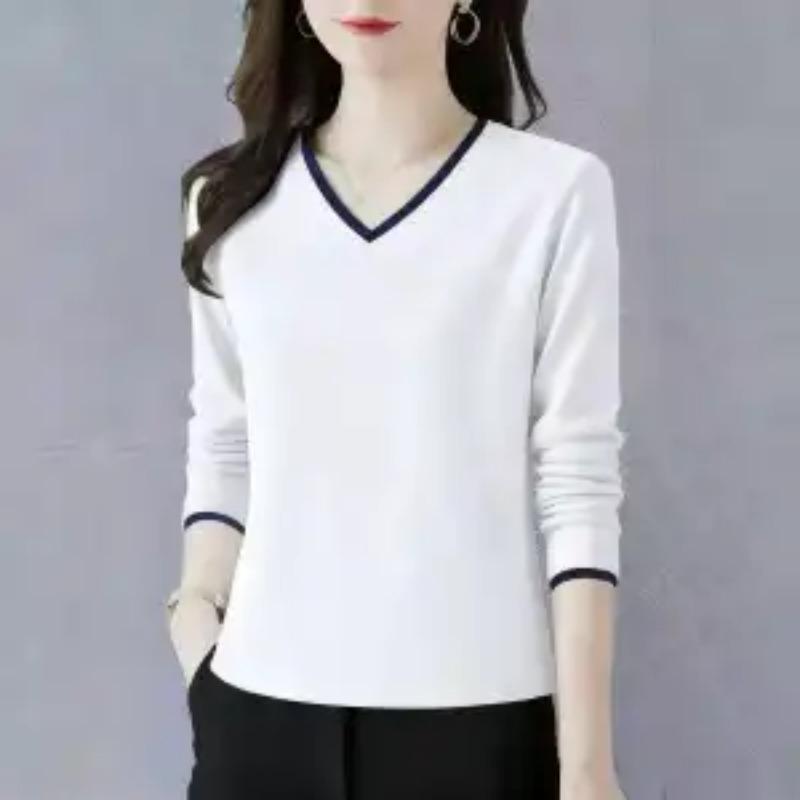 Pure Cotton Long-sleeved T-shirt Women's V-neck Bottoming Shirt Autumn New Style Loose Casual Top