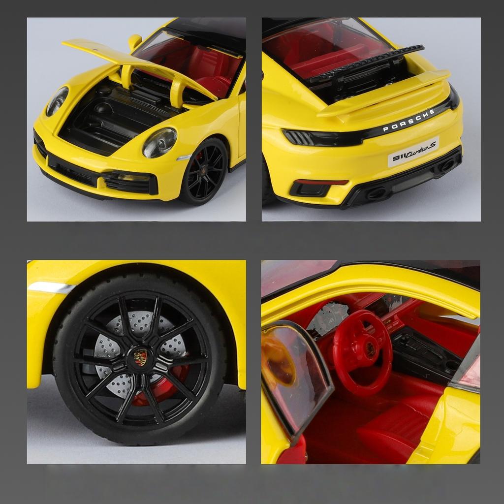 1/24 Porsche 911 Turbo S Diecast Alloy Metal Toy Car Miniature Model Pull Back Sound & Light Doors Openable Collection Gift Boy
