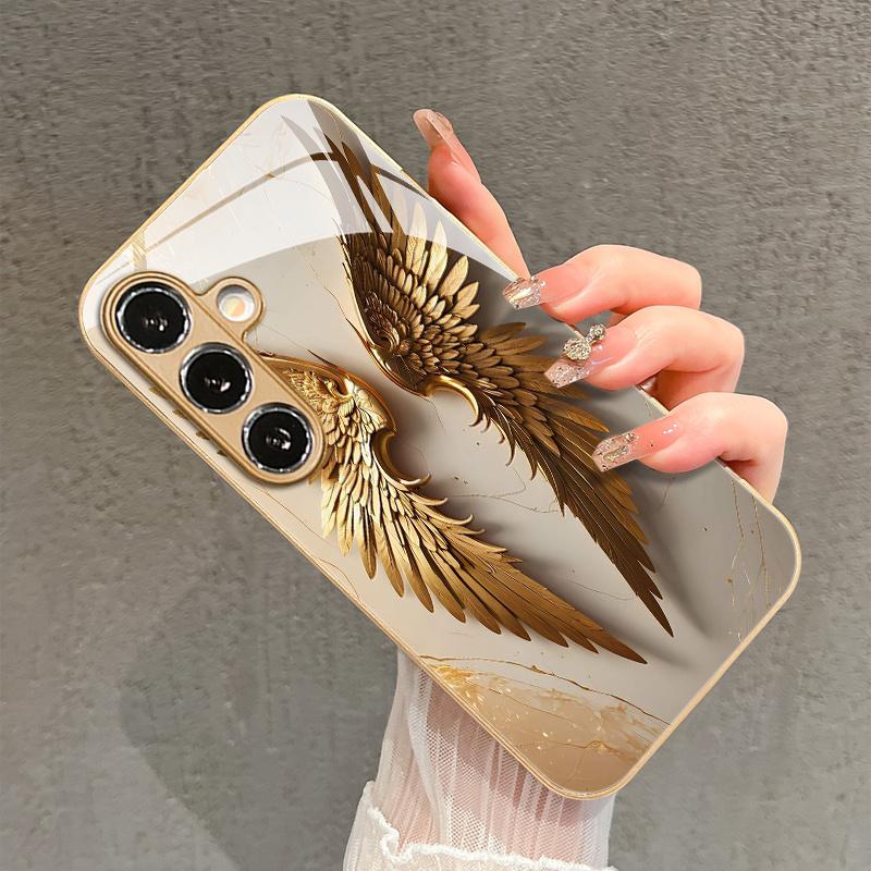 Fashionable And Personalized Metal Double-Wing Pattern Glass Phone Case for Galaxy S22 S23 S23 Ultra S24 S24 FE S24 Ultra S25 S