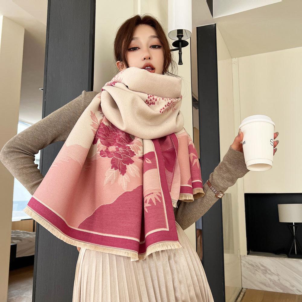 Autumn and winter advanced sense landscape flower language double-sided jacquard scarf women's light luxury warm thickened scarf versatile shawl
