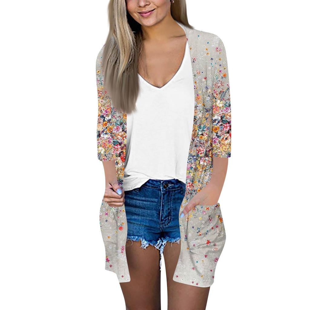 Women's Fashion Loose Casual Pocket Printed Cardigan Seven Sleeve Jacket Top