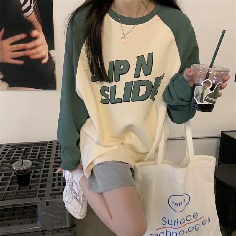 

Женский свитшот в стиле колледжа с круглым вырезом - Тонкий, Свободный, С длинными рукавами для весны и осени M зелёный