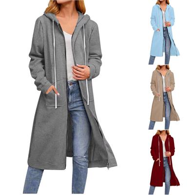 Tooxika Neue Reißverschluss Langarm Einfarbig Jacke Für Damen Mit Kapuze Locker Mittellang Pullover