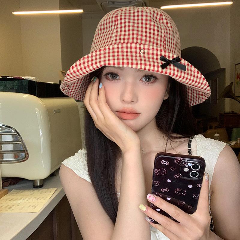 Korean Versatile Checkered Bowknot Fisherman Hat For Women Great For Sun Protection And Wear Seasonal